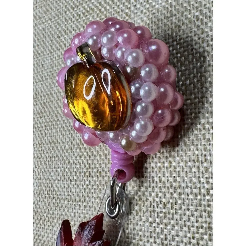 Fall Pumpkin with Pink Pearls Retractable Reel ID Badge Handmade Alligator Clip